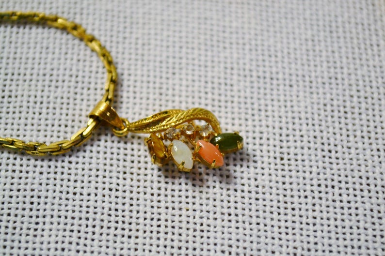 Vintage Necklace Pendant Faux Opal Rhinestone Gold Tone Metal Collectible Costume Jewelry PanchosPorch