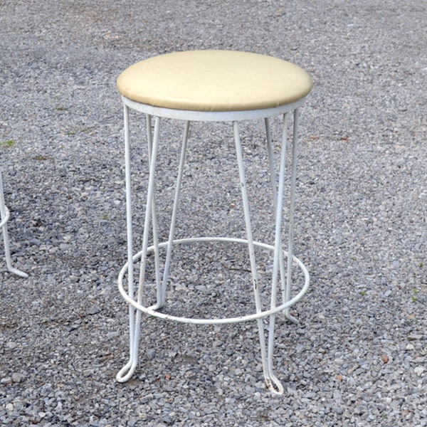 Vintage ICE CREAM Parlor Stool White Metal Heavy Wire Bar Stool Upholstered Seat Industrial Counter Furniture Farmhouse Cottage PanchosPorch