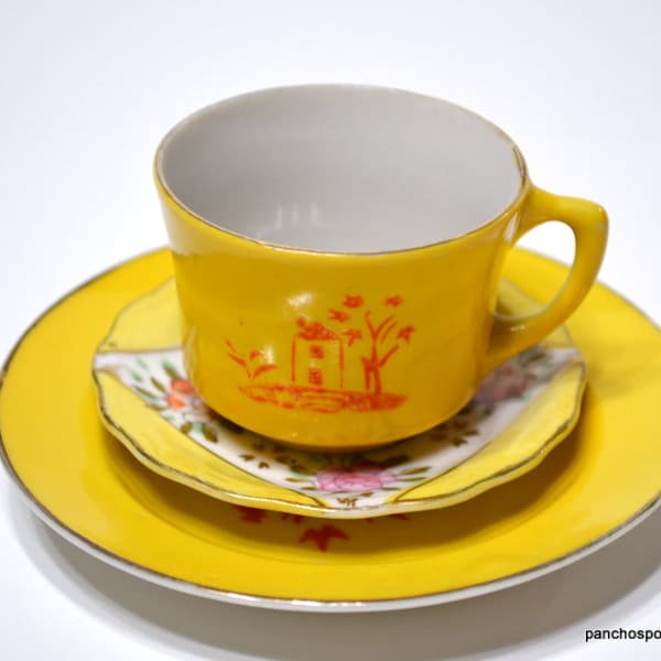 Vintage Miniature Yellow Teacup Trio Mismatched Patterns Floral House Pretend Toy Teacup Photo Prop Display Tea Party Japan PanchosPorch