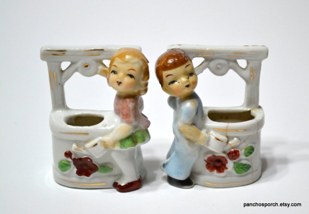 Vintage Girl Boy Wishing Well Knick Knack Pair Watering Cans Water Well