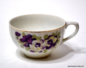 Vintage PANSY Tea Cup ONLY Purple Floral Gold Trim Hairline Replacement Cup Porcelain Red Letter Made in Japan Clover Laurel Panchosporch