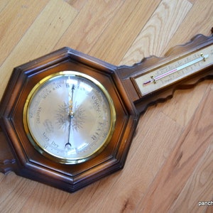 Vintage Bollenbach Barometer Large Weather Station Instrument Thermometer Wood Banjo Shape Case Rustic Wall Decor PanchosPorch