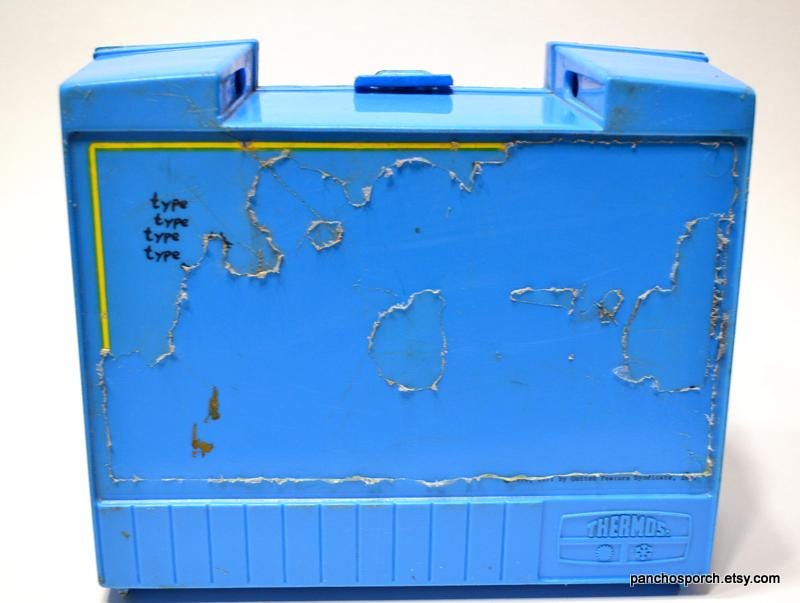 Vintage SNOOPY WOODSTOCK Lunchbox and Thermos Blue Plastic Lunch
