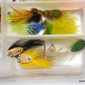 May include: A clear plastic tackle box filled with colorful fishing flies. The flies feature various colors, including yellow, green, orange, and black, with feather and fur details. The flies are arranged in separate compartments.