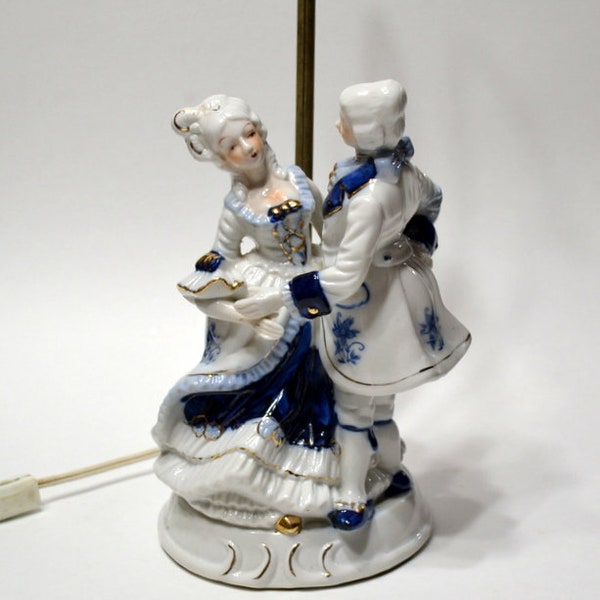 Vintage Victorian Couple Boudoir Lamp Gooseneck Table Lamp Blue White Porcelain Courting Couple Man Woman Vanity Light Panchosporch