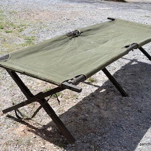 Vintage Folding Cot Wooden Frame Worn Canvas Fabric 1955 Military Cot Bed Camping Bed Rustic Primitive Day Bed Wood Frame Cot PanchosPorch