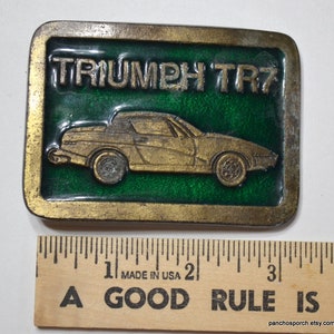 Vintage TRIUMPH TR7 Belt Buckle Metal Enamel Sports Car Enthusiast Gift Green Gold Mens Accessory Country Western PanchosPorch image 3