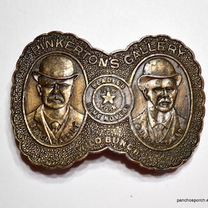 Vintage Pinkerton&#39;s Gallery Brass Belt Buckle: Butch Cassidy, Sundance Kid