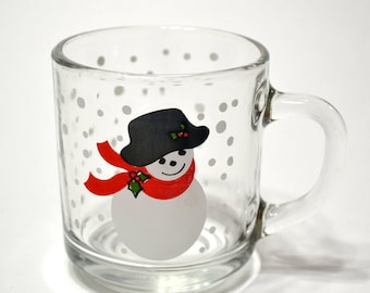 Vintage Snowman Glass Mug Winter Coffee Tea Hot Chocolate Cup Anchor Hocking Red Black White PanchosPorch