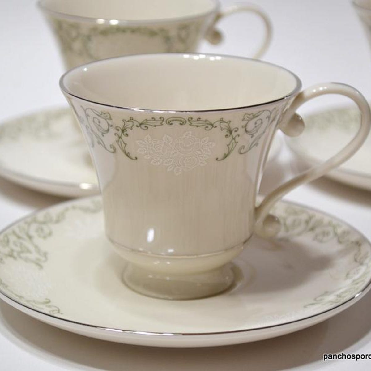 Vintage Pickard Cameo Teacup Set: Green Floral Platinum Rim, Set of 4