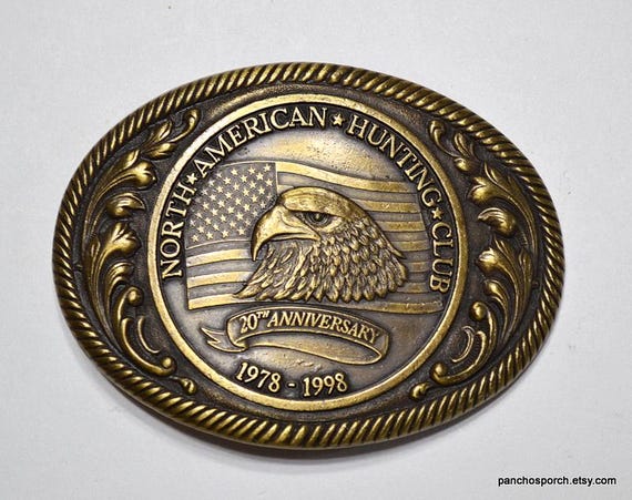 Vintage North American Hunting Club Belt Buckle: 20th Anniversary Eagle Flag