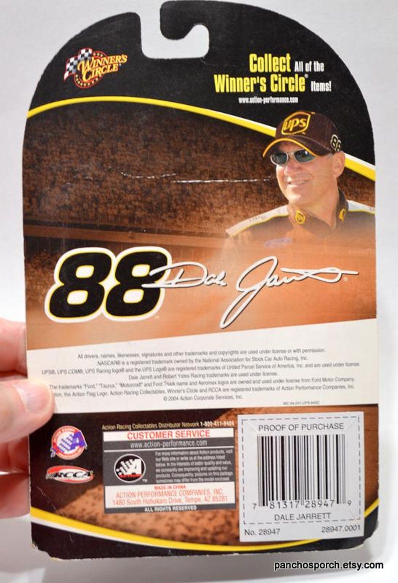 May include: Back of a collectible card featuring Dale Jarrett, the number 88, and the UPS logo. The card includes the text "Collect All of the Winner's Circle Items!" and "Action Racing Collectables Distributor Network".