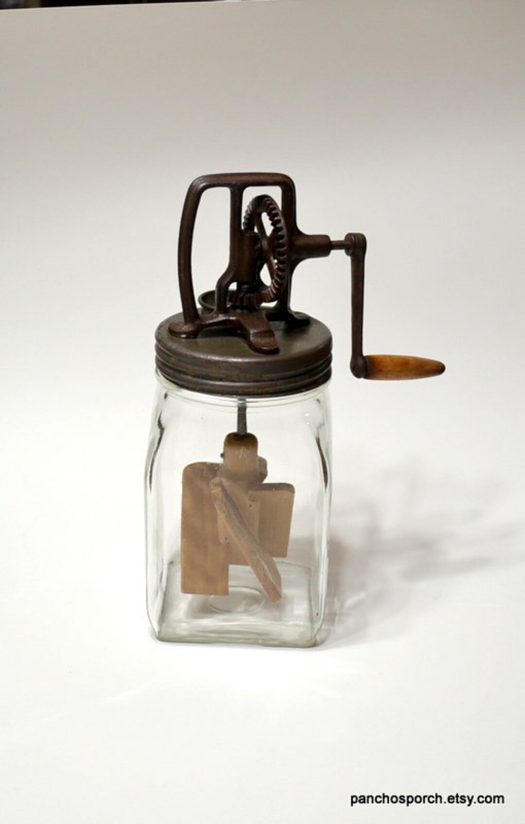 Vintage 2 Quart Glass Butter Churn Hand Crank Wooden Paddle Rustic