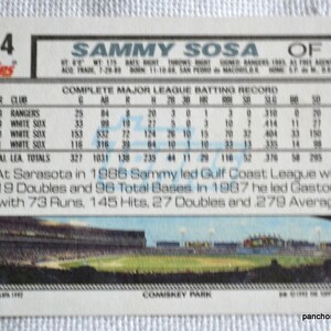 1992 Topps Sammy Sosa Baseball Card - Chicago White Sox image 3