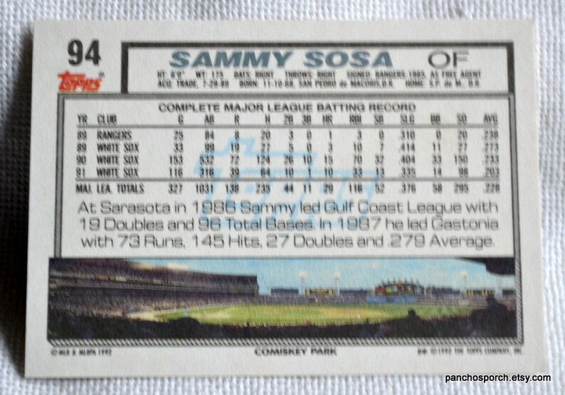 1992 Topps Sammy Sosa Baseball Card - Chicago White Sox image 3