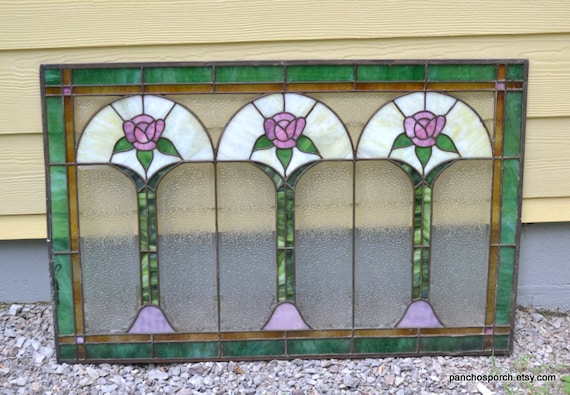Vintage Floral Stained Glass Window Panel: Leaded Architectural Salvage (24x37)