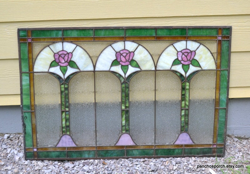 Vintage Floral Stained Glass Window Panel: Leaded Architectural