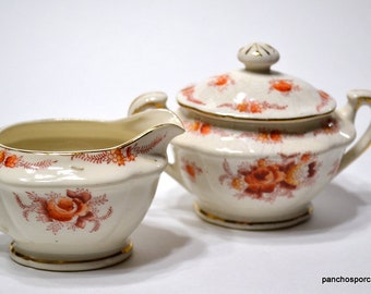 Vintage Sugar Bowl Creamer Set Niagara Falls Souvenir Burnt Orange Floral Pattern Kitchen Tea Room Decor Red Letter Japan PanchosPorch