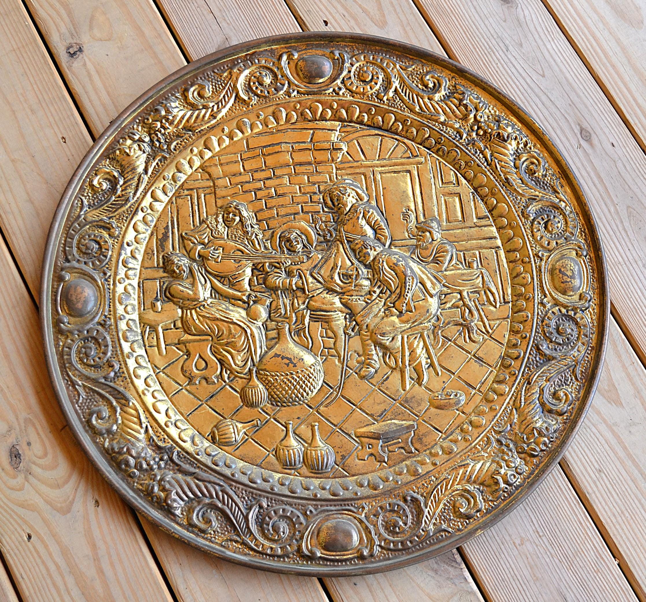 Vintage Large BRASS Decorative Plate Embossed Tavern Scene 25 Inch