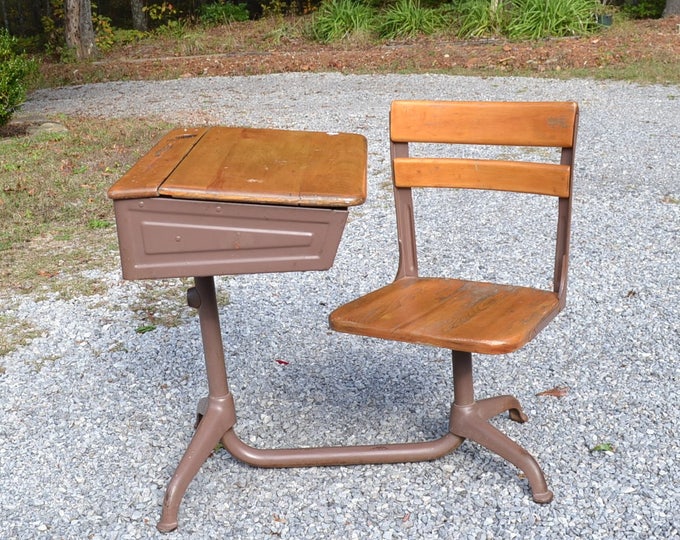 Vintage School Desk With Attached Chair Wood and Metal Etsy