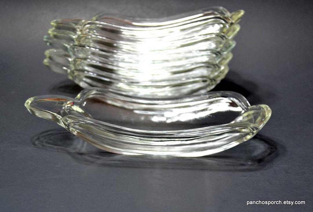 Vintage Clear Glass BANANA SPLIT Dish Set Of 6 Ice Cream Bowl Hot Dog Shaped 1980s Indiana Glass