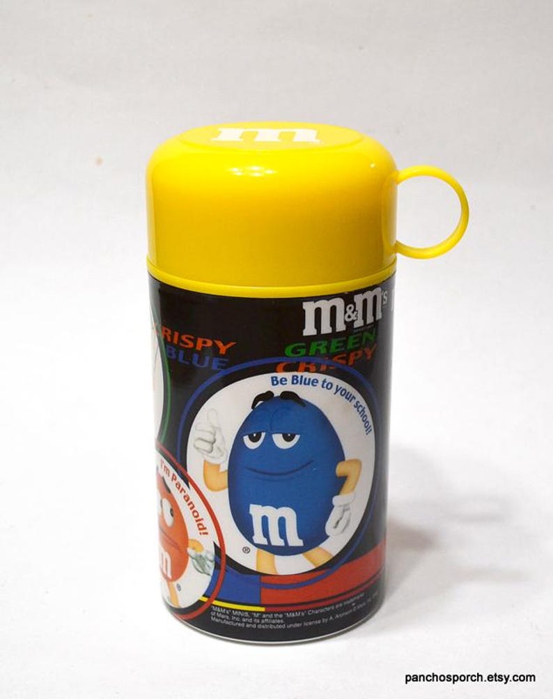 Vintage M&M Insulated Container 2002 Hot Cold Drink Bottle Yellow Lunchbox Thermos Childhood Memory PanchosPorch