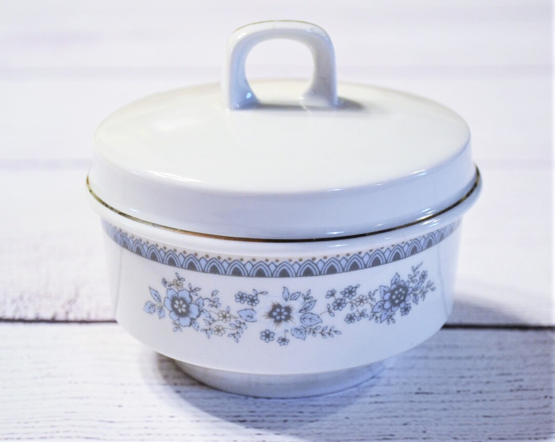 Vintage Blue Floral Sugar Bowl With Lid Platinum Trim Henneberg