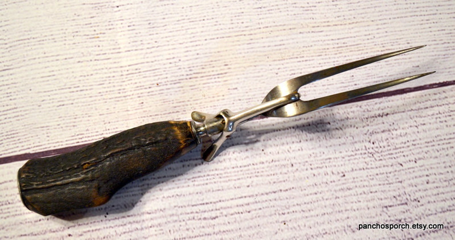 Vintage Meat Fork with Folding Stand Antler Handle Marked ATD Etsy