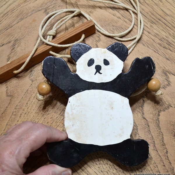 Vintage Wooden Climbing Bear Toy Black White Panda Bear Classic Childrens Toy Wood String Hanging Bear Kids Room Decor PanchosPorch