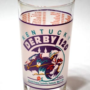 Puede incluir: Vaso de vidrio transparente con el logotipo de Kentucky Derby 120, que muestra una escena de carreras de caballos en morado, turquesa y rojo. El vaso incluye el texto "Churchill Downs, Louisville, Kentucky May 7, 1994".