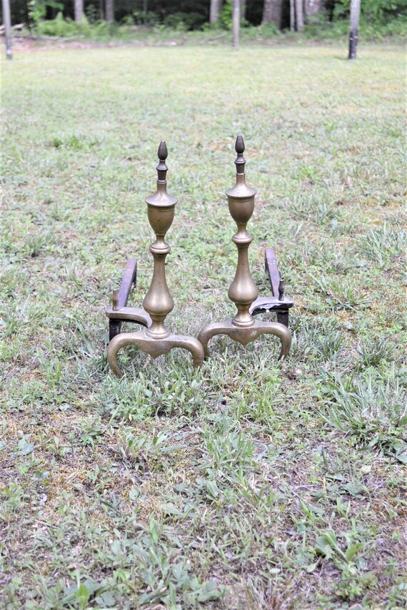 Vintage Brass Andirons Federal Style Aws Fireplace Log Holders Etsy