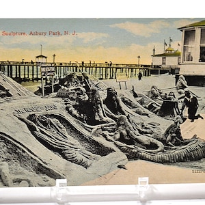 Vintage ASBURY PARK carte postale New Jersey sculpture sur sable plage art folklorique souvenir carte postale souvenirs papier éphémères PanchosPorch