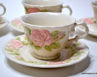 Vintage Metlox Vernon Rose Pink Cup and Saucer Set of 4 Pink Green Raised Floral California Pottery Retro Dinnerware USA PanchosPorch