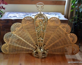 Vintage Brass Peacock Fireplace Screen Folding Fan Fireplace Guard Dancing Lady Large 48 inch Hollywood Regency Home Decor Panchosporch