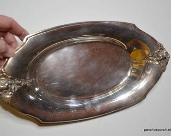 Vintage Silver Plate Oval Bowl Tray: Floral Accents, Tarnished Silverplate
