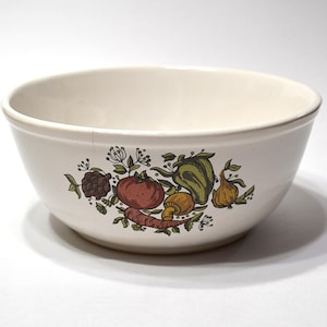 May include: A cream-colored ceramic bowl featuring a central graphic illustration of various vegetables including a red tomato, a green pepper, a brown mushroom, an onion, and a carrot, all surrounded by small green leaves and sprigs.