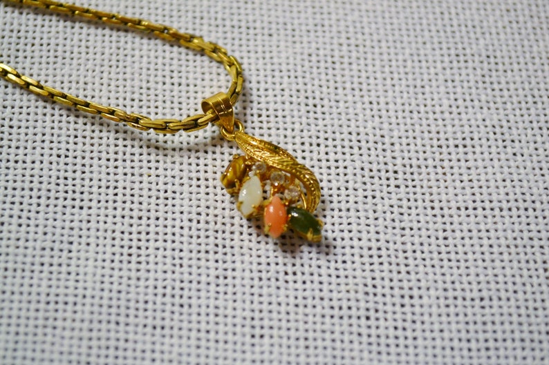 Vintage Necklace Pendant Faux Opal Rhinestone Gold Tone Metal Collectible Costume Jewelry PanchosPorch