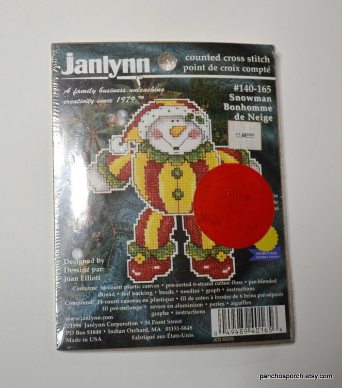 Snowman by Joan Elliott, Janlynn, Counted Cross Stitch Ornament Kit*