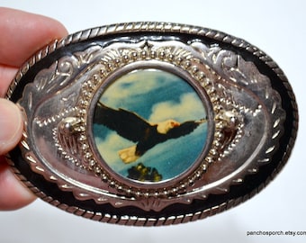 Vintage FLYING EAGLE Belt Buckle Silver Metal Medallion Buckle Bald Eagle 1990s Oval Buckle Western Cowboy Mens Accessory PanchosPorch