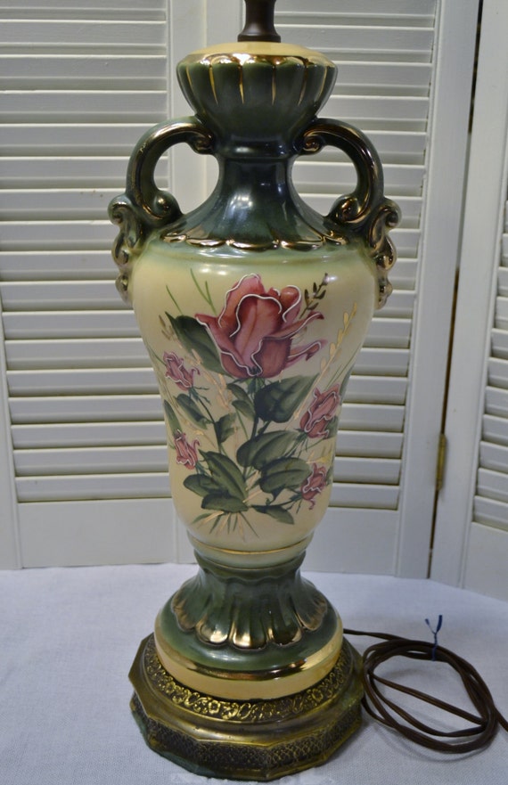 Vintage Table Lamp Ceramic with Brass Metal Base Floral Rose Etsy