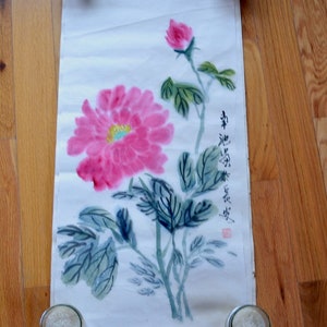 Vintage Asian Pink Peonies Watercolor Painting on Rice Paper, Signed