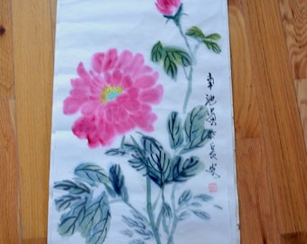 Vintage Asian Rice Paper Watercolor Painting Pink Peonies Original Signed 27 x 13 Nature Theme Ready to Frame Wall Decor Panchosporch