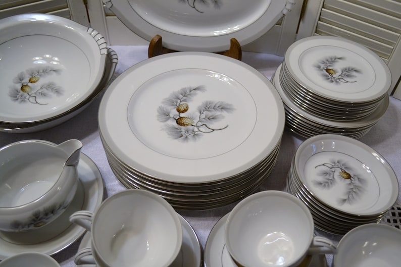 Vintage Kent Silver Pine Dinnerware Set 55 Pieces White Etsy