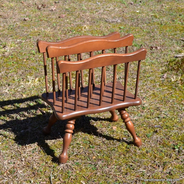 Vintage Wooden Magazine Rack Holder Medium Tone Wood Spindles Divided Sections Turned Legs Small Furniture Books Yarn Knitting PanchosPorch