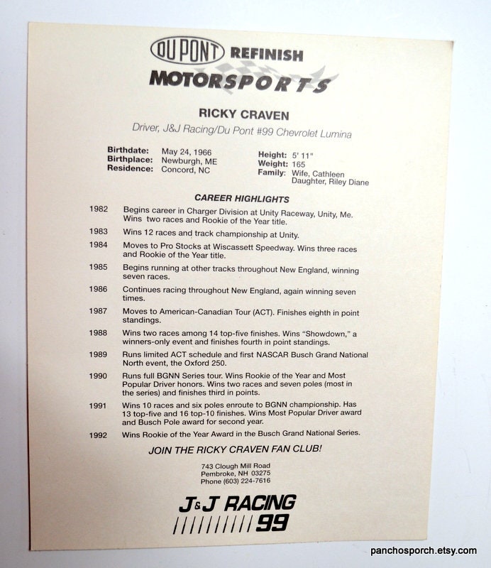 Vintage Ricky Craven Stat Card Dupont J & J Racing Fan Club