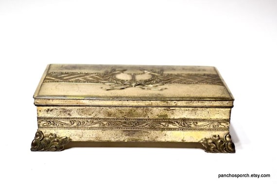 Vintage Jewelry Trinket Box Silver Tone Metal Crown Laurel Design Occupied Japan