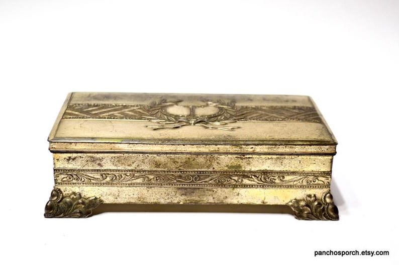 Vintage Jewelry Trinket Box Silver Tone Metal Crown Laurel Design Occupied Japan