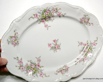 Vintage JOHANN HAVILAND Pink Floral Oval Serving Platter Pompadour Shape Gold Rims Bavaria Wedding China Formal Dinnerware PanchosPorch