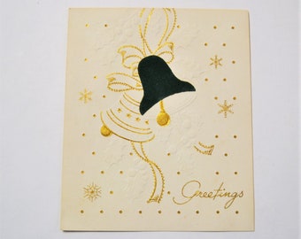 Vintage Christmas Card Embossed Bells Snowflakes Greetings Signed Paper Ephemera Artistic PanchosPorch