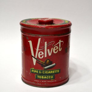 Vintage Velvet Tobacco Tin: Red Metal Storage Canister, Tobacciana Display